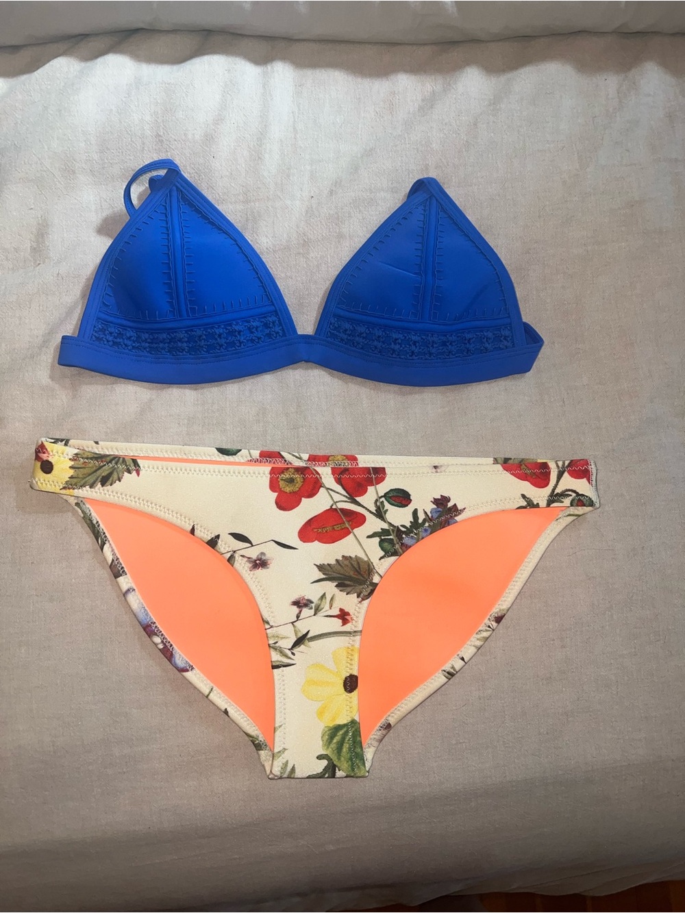 triangl swimwear Blue Triangle Top with Floral & Neon Coral Accent Bottom
